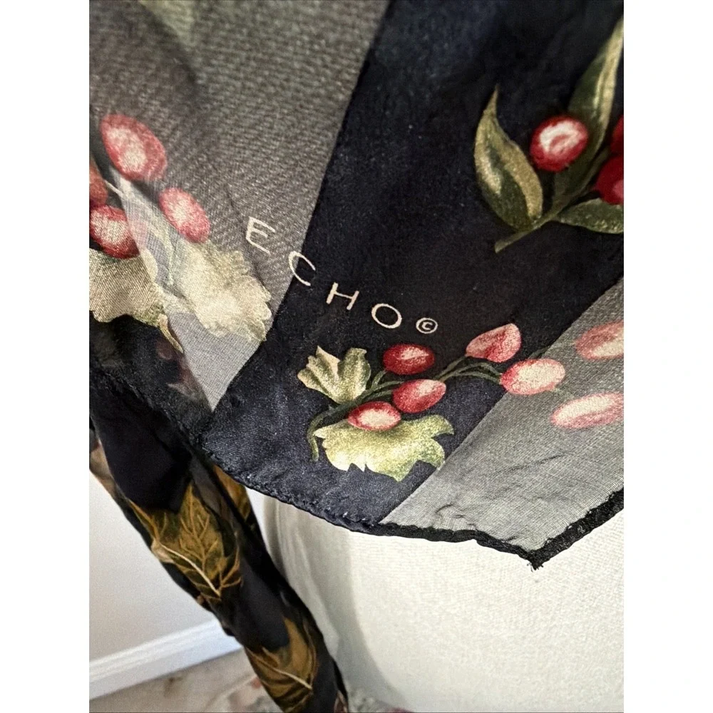 Echo Silk Botanical Scarf With Nuts, Seeds, Berries On Black Signed 58